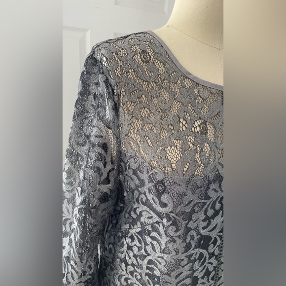 White House Black Market Silver Gray Metallic Lace Bell Sleeve Dress. - Picture 9 of 17